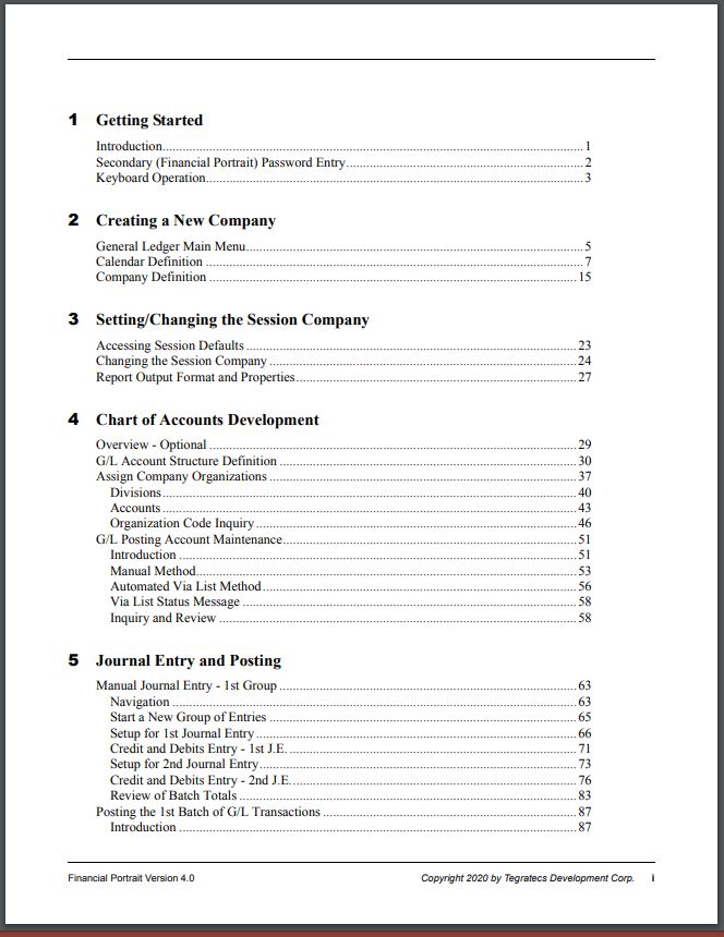 Table of Contents Page 1 for General Ledger User Tutorial